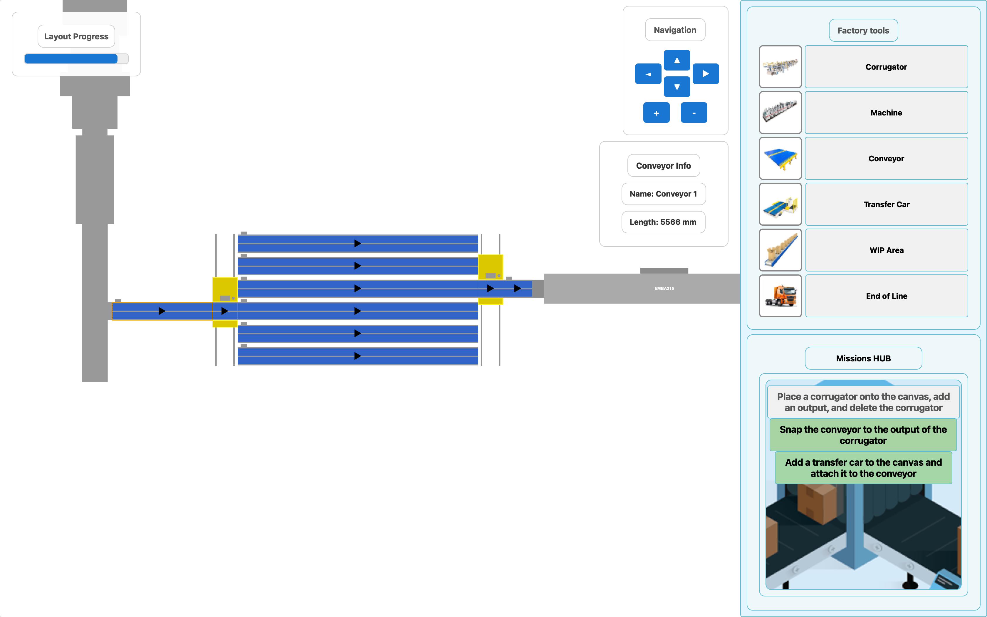 The final design of the factory simulation tool, showing the polished layout editor with placed components and the configuration sidebar.