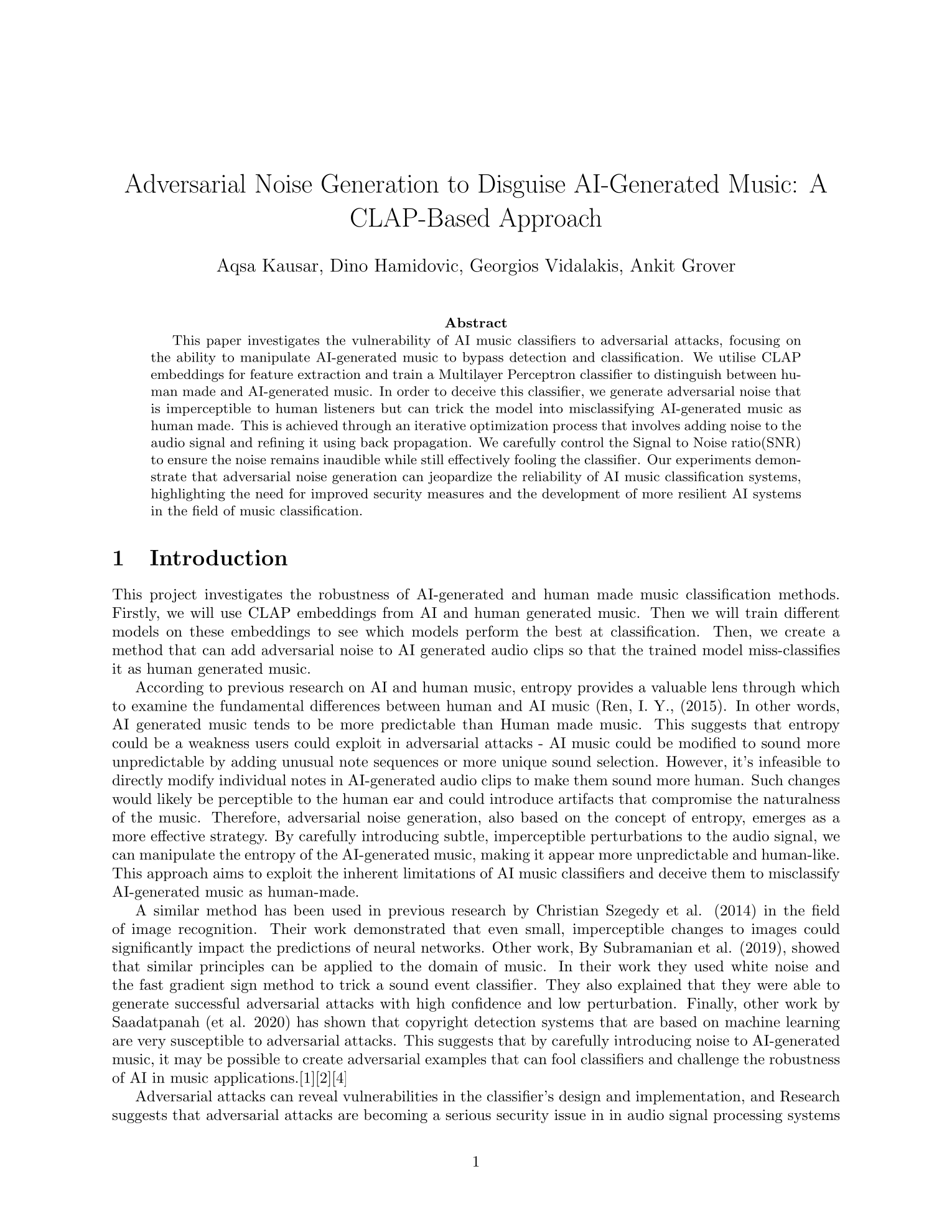 First page of the paper, titled 'Adversarial Noise Generation to Disguise AI-Generated Music: A CLAP-Based Approach', by Aqsa Kausar, Dino Hamidović, Georgios Vidalakis, and Ankit Grover.