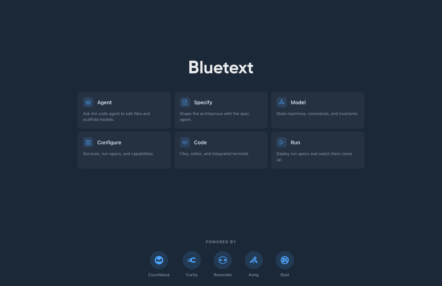 The Bluetext landing page, showing six workflow surfaces — Agent, Specify, Model, Configure, Code, and Run — laid out in a 2×3 grid above the platform's name.