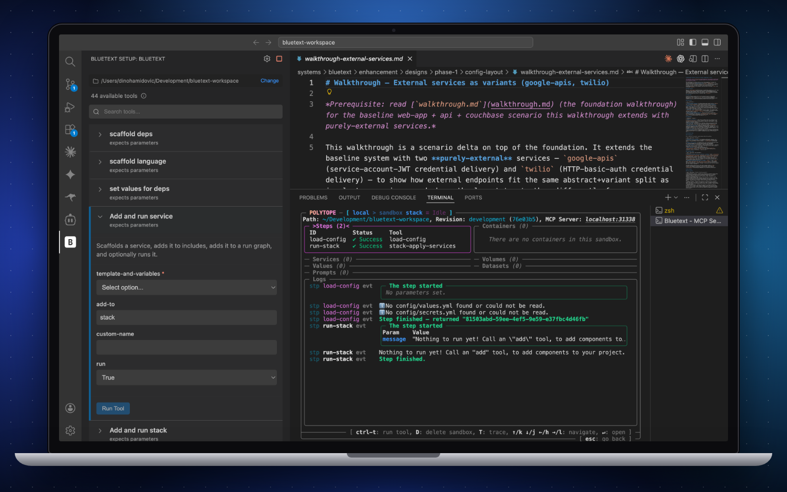The Bluetext VS Code extension open on a laptop: a sidebar of available MCP tools beside a markdown file and a terminal running a local sandbox stack.