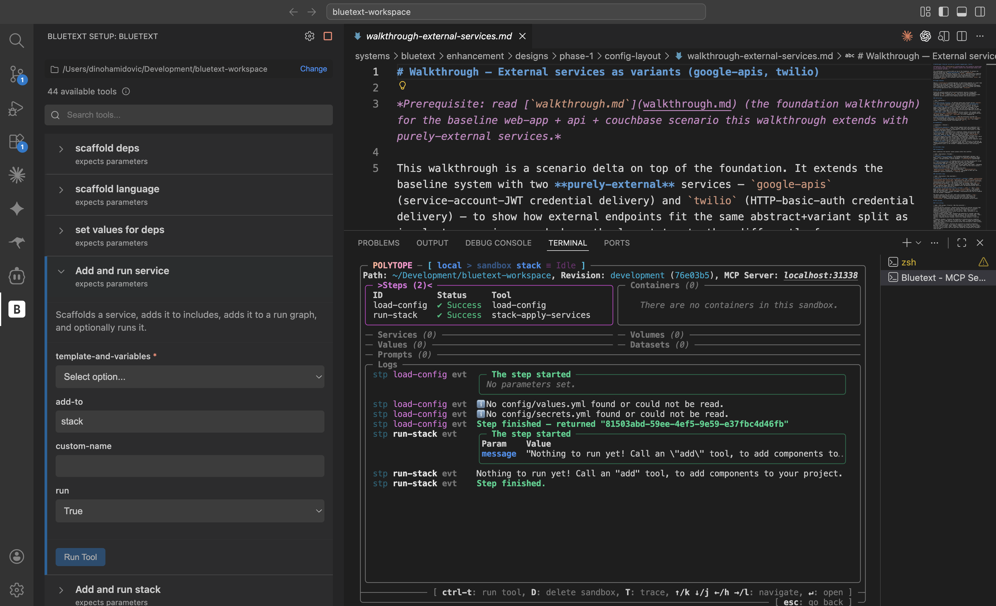 The Bluetext VS Code extension: a sidebar of available MCP tools (scaffold deps, scaffold language, Add and run service, Add and run stack), a tool form for adding a service, and an integrated terminal running a scaffold step.