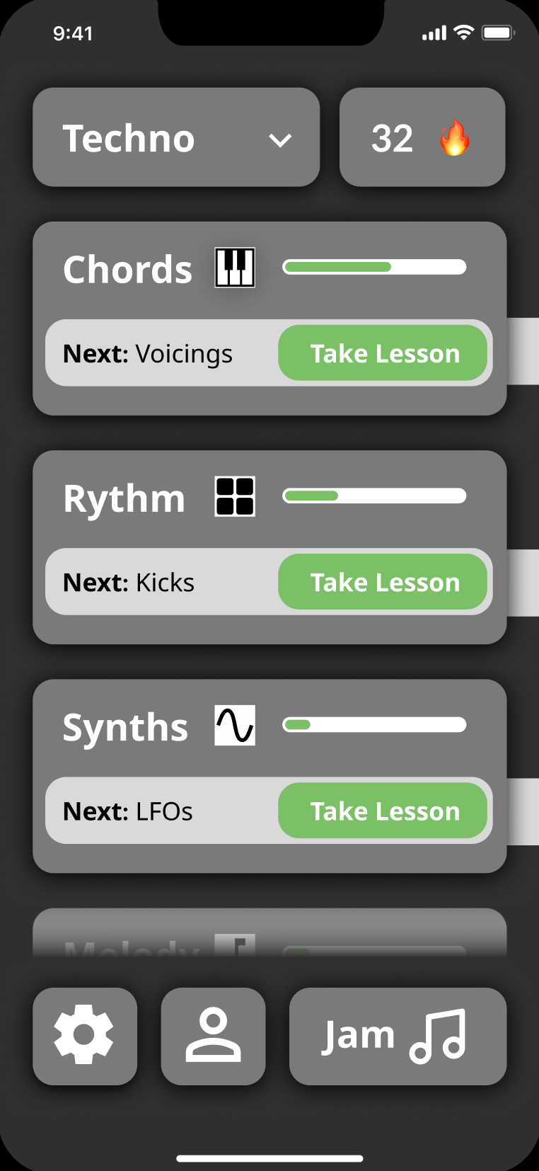 Mockup for a music production education app.