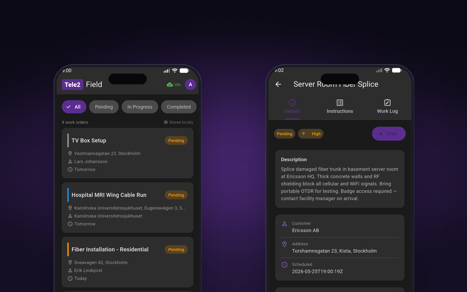 Two phones side by side showing the Tele2 Field app — a list of pending work orders on the left, and a Server Room Fiber Splice detail view on the right.