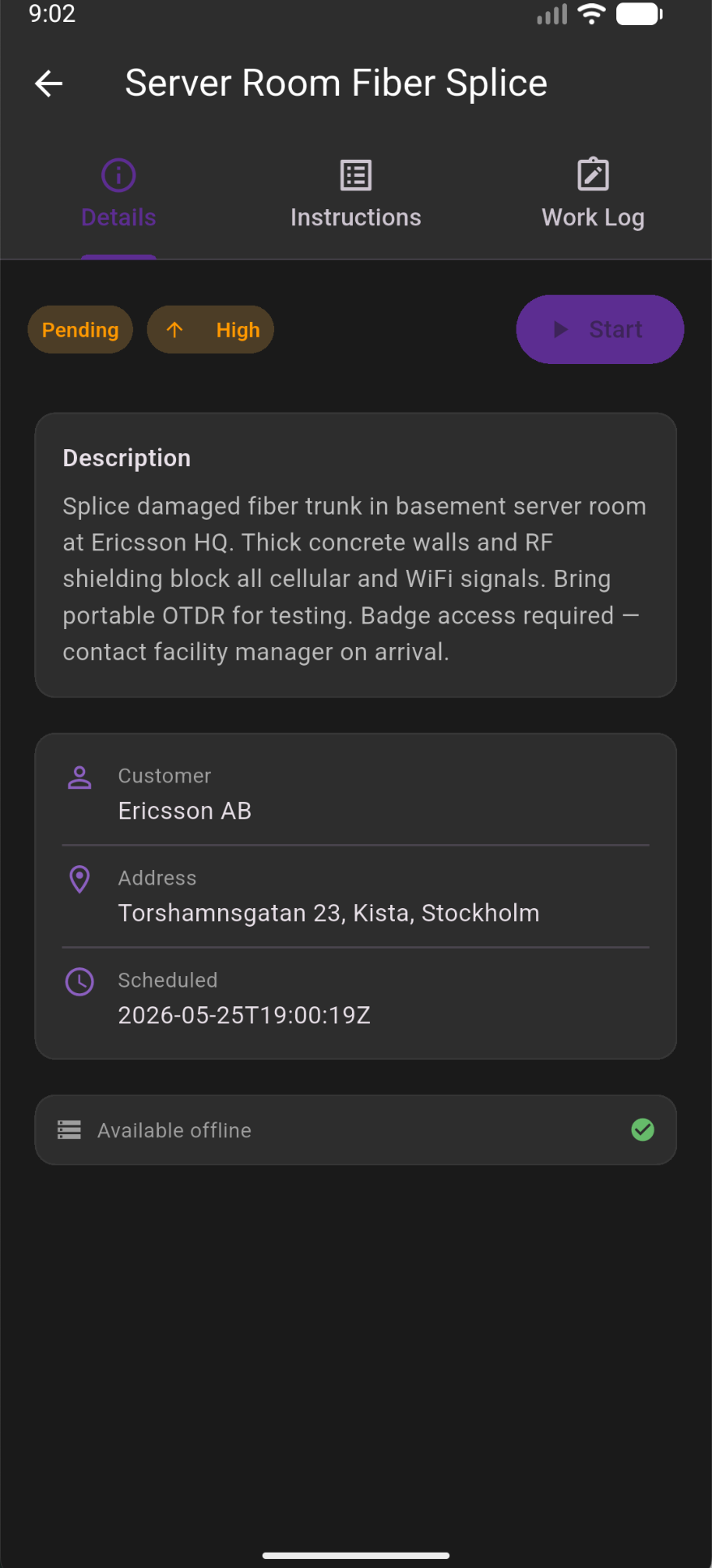 The Tele2 Field detail view for a Server Room Fiber Splice job. Description notes that concrete walls and RF shielding block all cellular and WiFi signals. Job remains 'Available offline'.