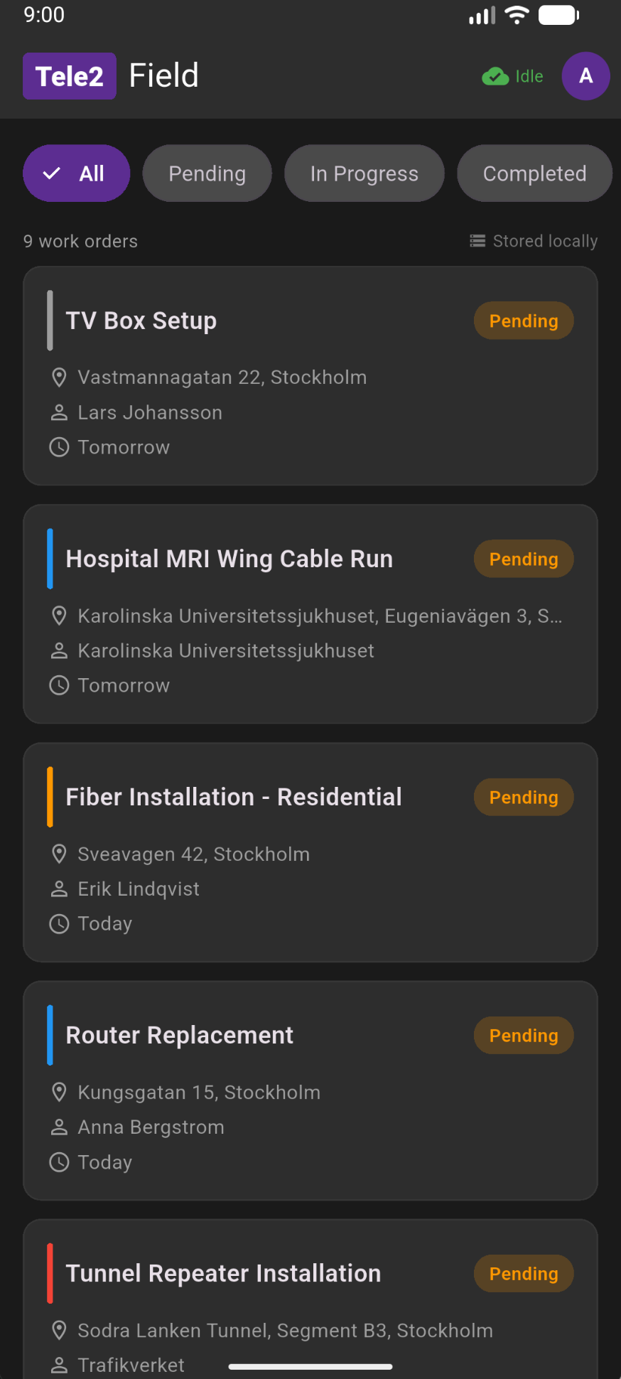 The Tele2 Field app's work-order list, showing pending jobs across Stockholm: TV Box Setup, Hospital MRI Wing Cable Run, Fiber Installation, Router Replacement, Tunnel Repeater Installation.