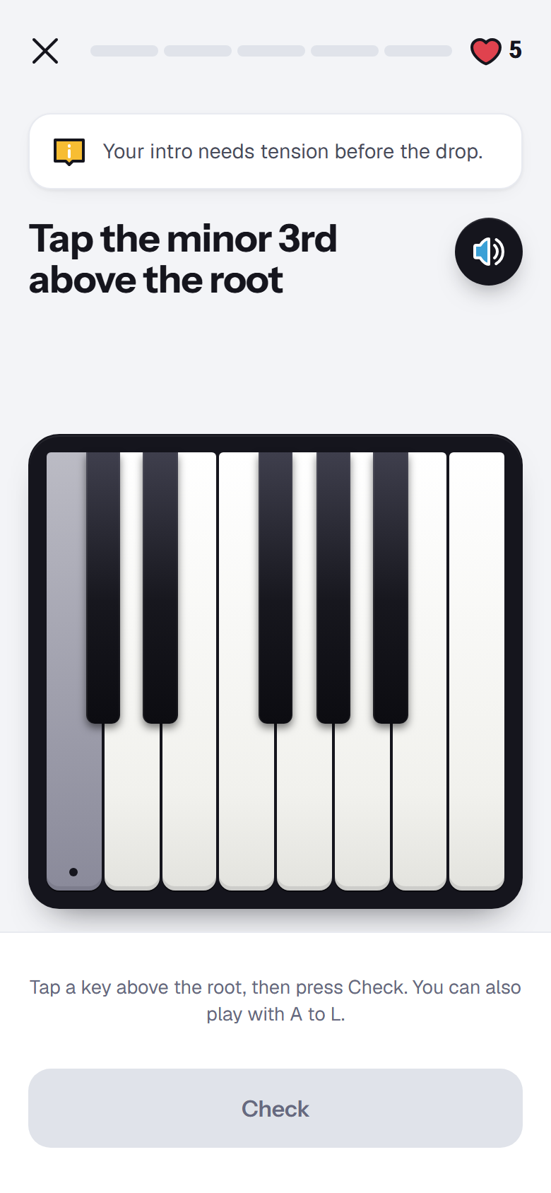 An apply exercise reading 'Your intro needs tension before the drop. Tap the minor 3rd above the root' above a keyboard.
