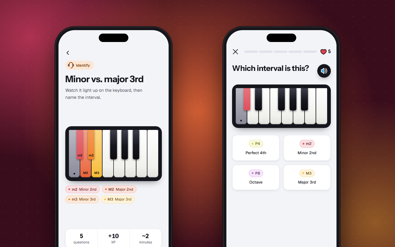 Two phones showing ToneCatch: a lesson with intervals colour-coded on a piano keyboard, and an interval question with colour-coded answers.