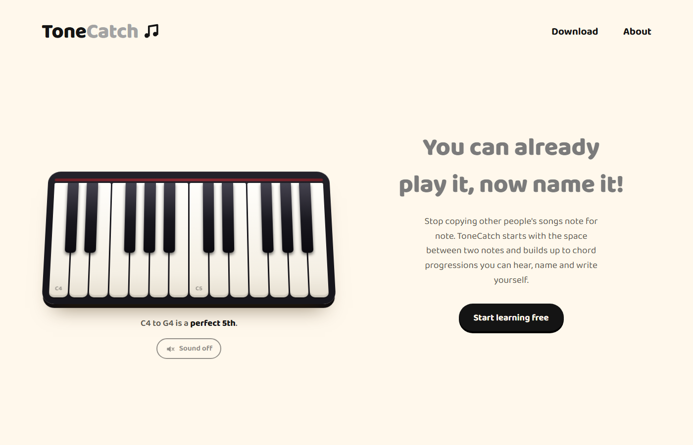 The ToneCatch website: a piano keyboard beside the headline 'You can already play it, now name it!'.